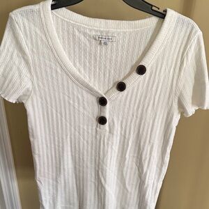 American Eagle Outfitters White Ribbed Tee with Button Detail